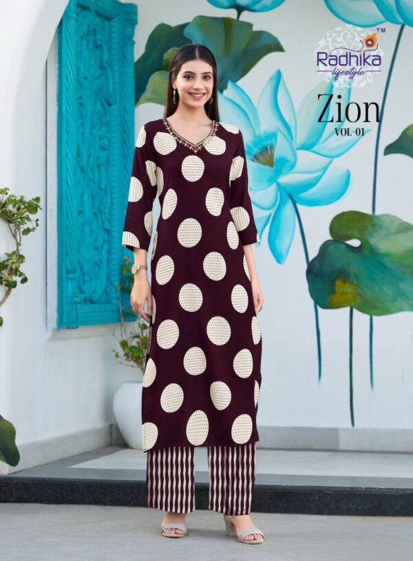 Radhika Zion Vol 1 Rayon Discharge Foil Printed Kurti With Pant Catalog Wholesale Collection - Image 7