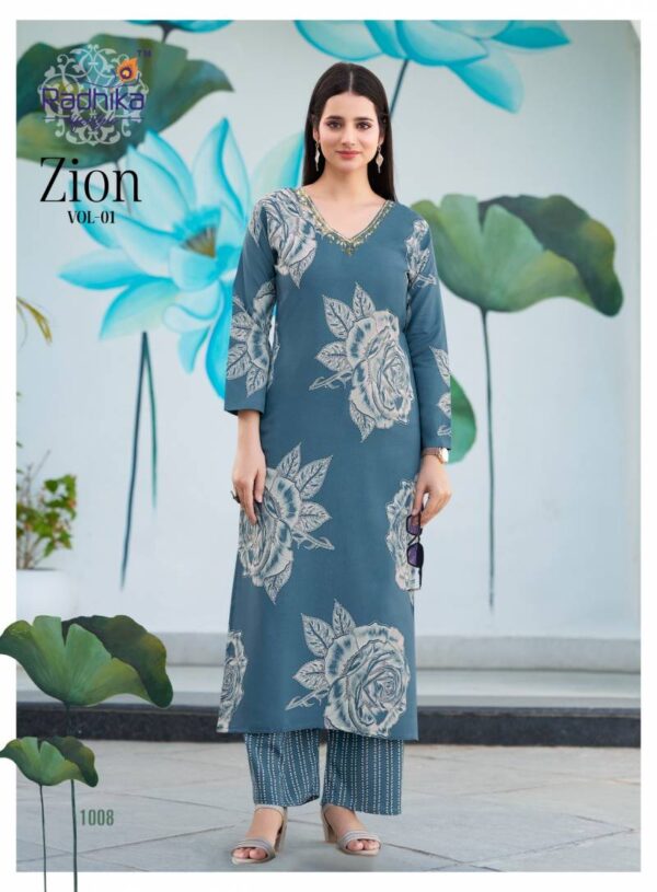 Radhika Zion Vol 1 Rayon Discharge Foil Printed Kurti With Pant Catalog Wholesale Collection - Image 8