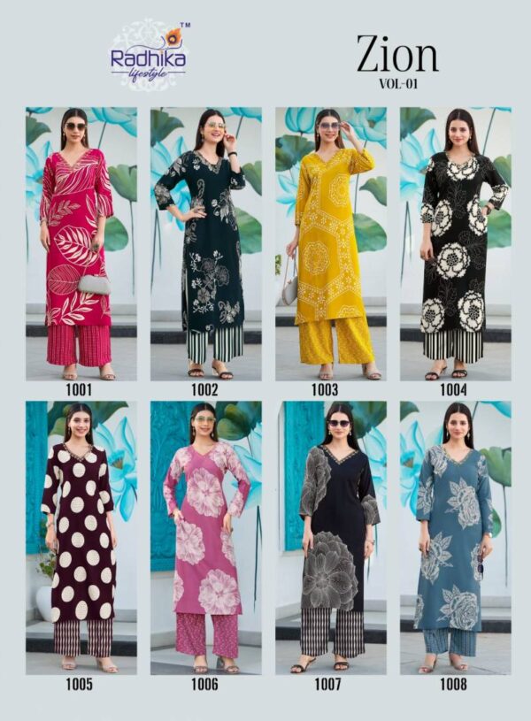 Radhika Zion Vol 1 Rayon Discharge Foil Printed Kurti With Pant Catalog Wholesale Collection - Image 10