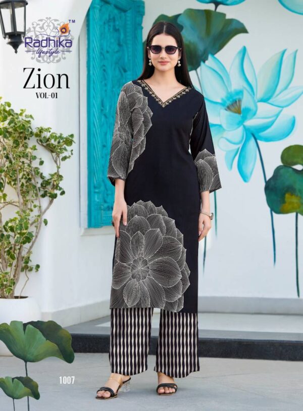 Radhika Zion Vol 1 Rayon Discharge Foil Printed Kurti With Pant Catalog Wholesale Collection - Image 9
