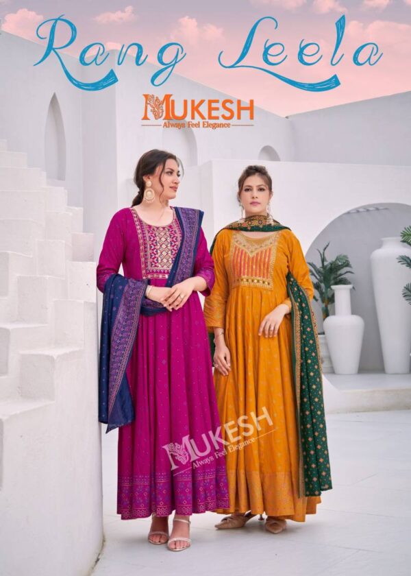 Mukesh Rang Leela Rayon Gown With Dupatta Catalog Wholesale Collection