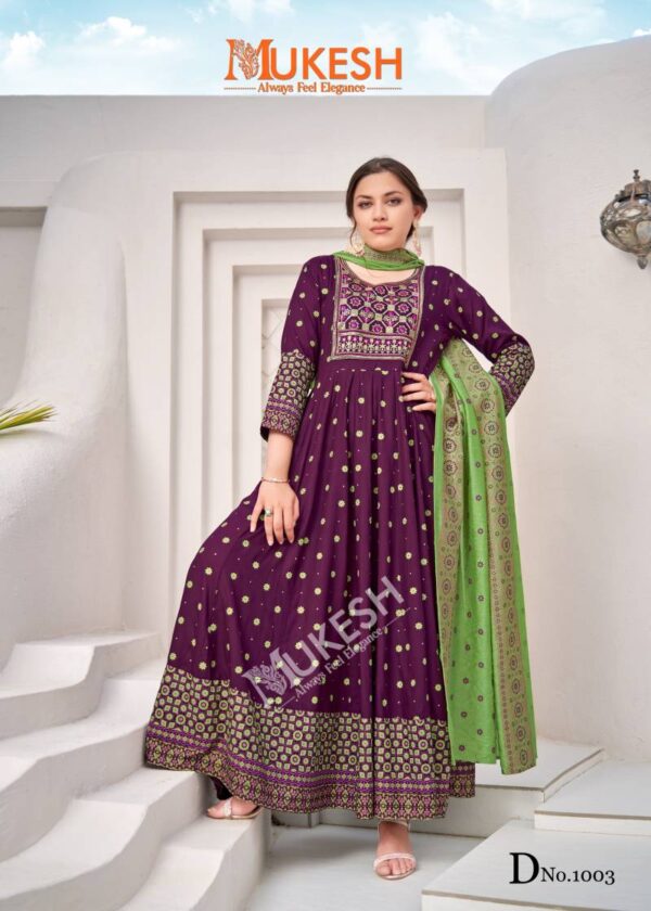 Mukesh Rang Leela Rayon Gown With Dupatta Catalog Wholesale Collection - Image 5