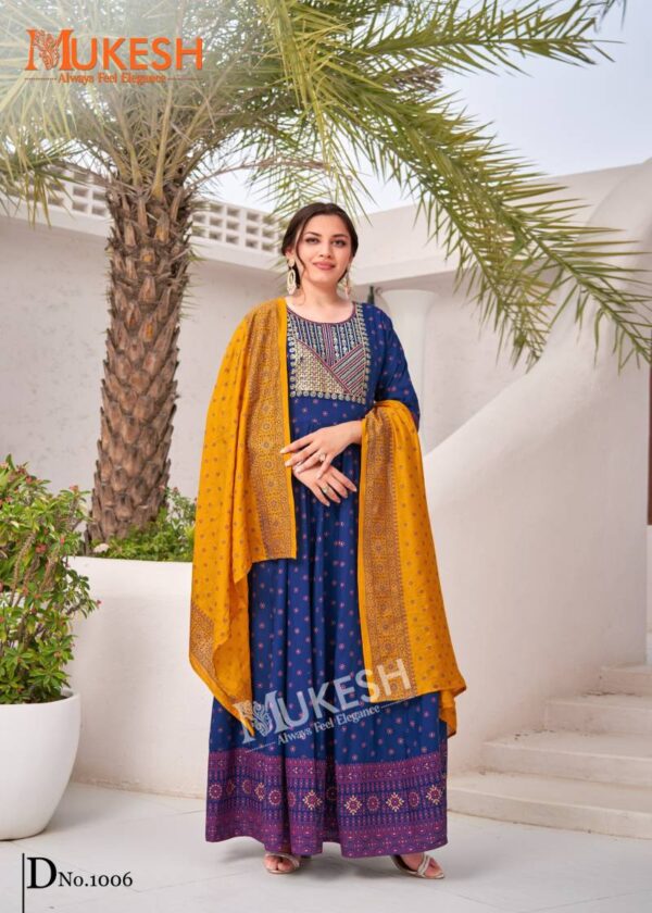 Mukesh Rang Leela Rayon Gown With Dupatta Catalog Wholesale Collection - Image 8