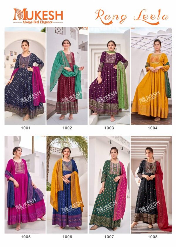 Mukesh Rang Leela Rayon Gown With Dupatta Catalog Wholesale Collection - Image 10