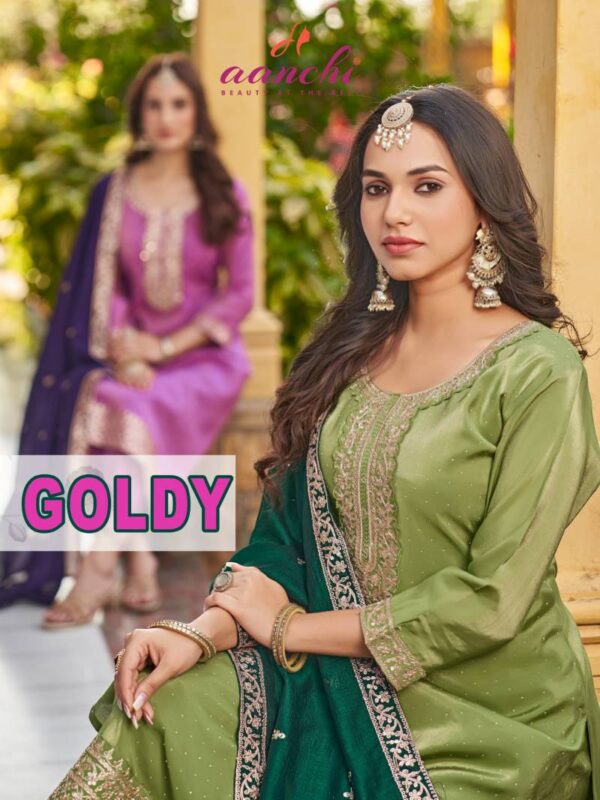 Aanchi Goldy Roman Shimmer Readymade Catalog Wholesale Collection Exporter