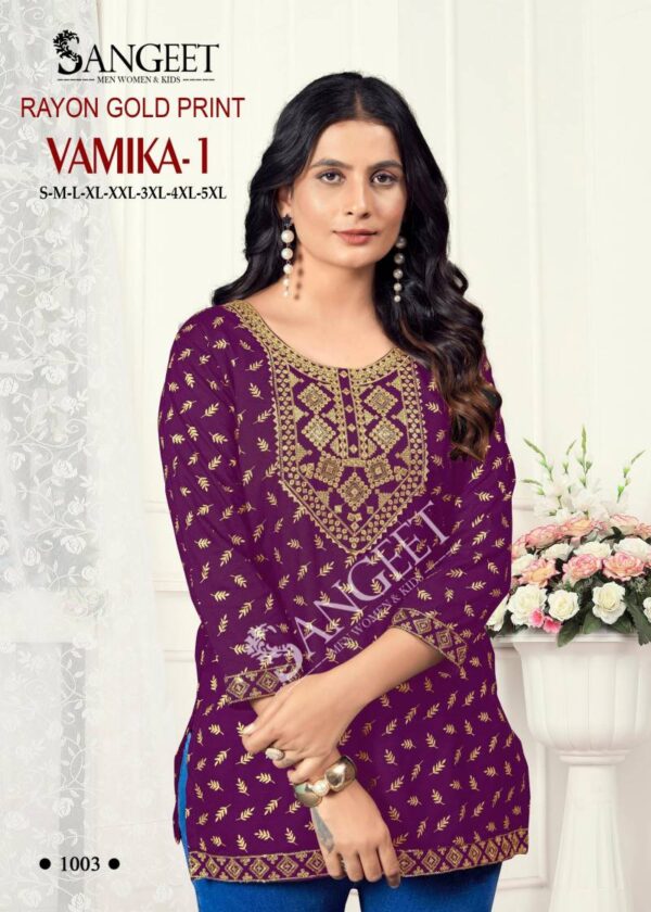 Sangeet Vamika 1 Rayon Gold Printed Embroidered Short Kurti Catalog Wholesale Collection Exporter