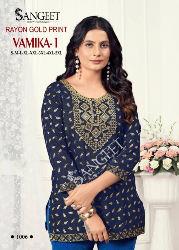 Sangeet Vamika 1 Rayon Gold Printed Embroidered Short Kurti Catalog Wholesale Collection Exporter - Image 4