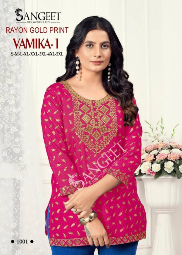 Sangeet Vamika 1 Rayon Gold Printed Embroidered Short Kurti Catalog Wholesale Collection Exporter - Image 5