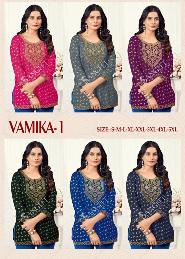 Sangeet Vamika 1 Rayon Gold Printed Embroidered Short Kurti Catalog Wholesale Collection Exporter - Image 6