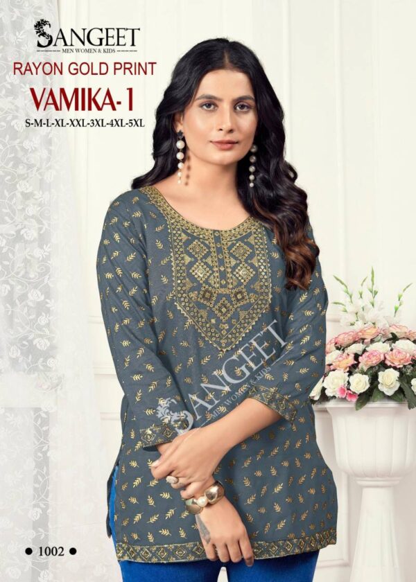 Sangeet Vamika 1 Rayon Gold Printed Embroidered Short Kurti Catalog Wholesale Collection Exporter - Image 7