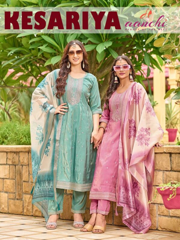 Aanchi Kesariya Roman Shimmer Readymade Catalog Wholesale Collection Exporter