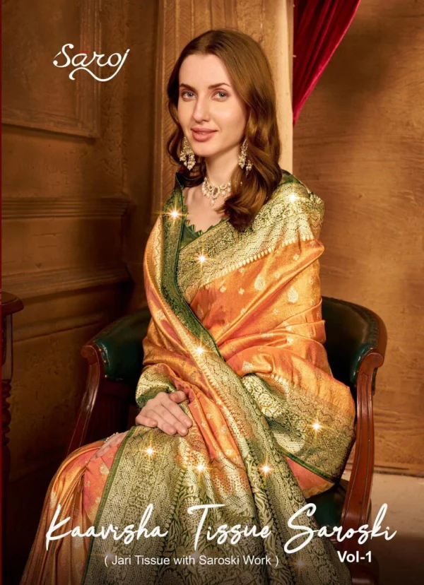 Saroj Kaavisha Tissue Saroski Vol 1 Designer Sarees Wholesale Catalog Collection Exporter