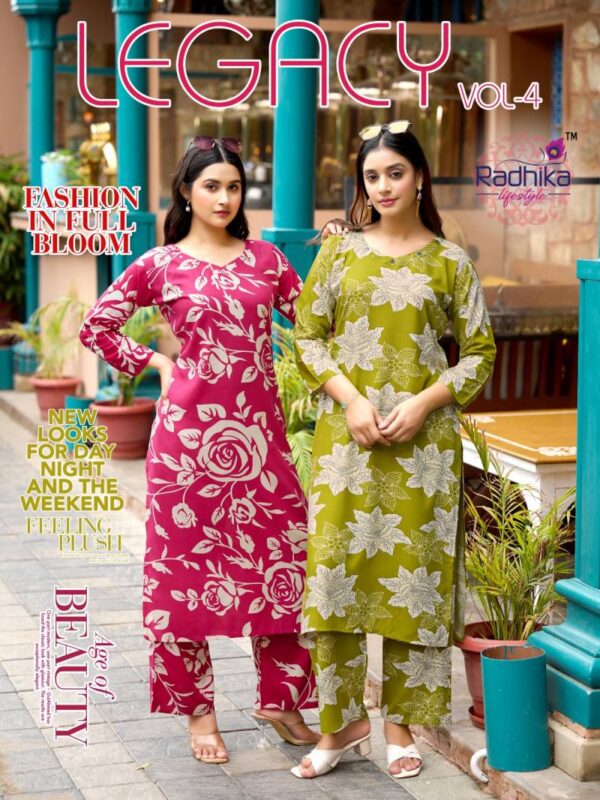Radhika Legacy Vol 4 Rayon Printed Co Ord Set Catalog Wholesale Collection Exporter