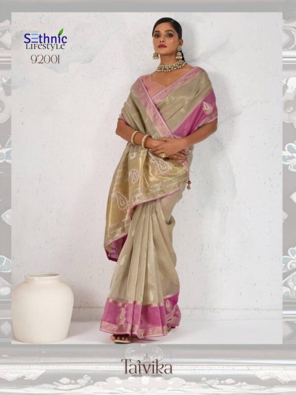 Sethnic Tatvika Self Zari Woven Tissue Linen Fancy Saree Wholesale Catalog Collection Exporter - Image 3