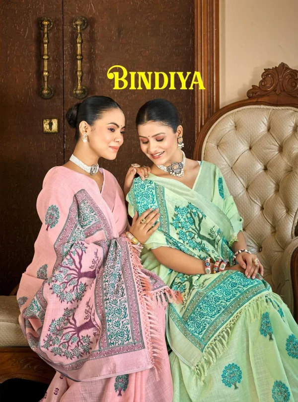 Bunawat Bindiya Linen Fancy Print Sarees Wholesale Catalog Collection Exporter