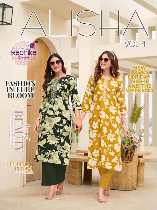 Radhika Alisha Vol 4 Rayon Printed Kurti Wholesale Catalog Collection Exporter