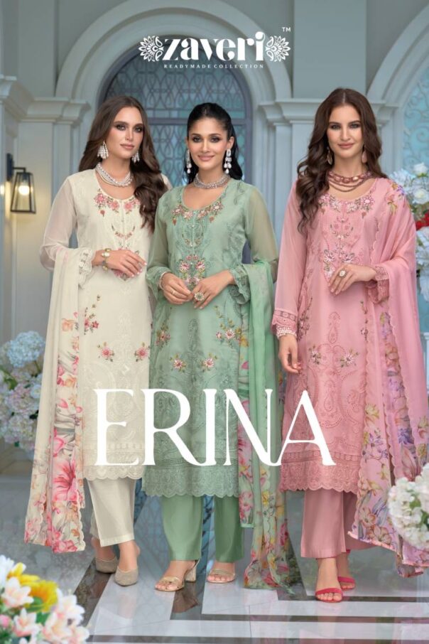 Zaveri Erina Organza Emboidered Ready Made Suits Wholesale Catalog Collection Exporter