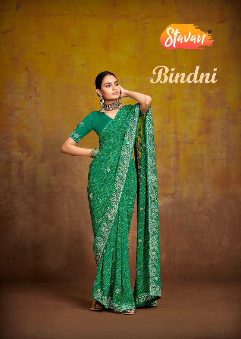 Stavan Bindni Georgette Fancy Sarees Wholesale Catalog Collection Supplier