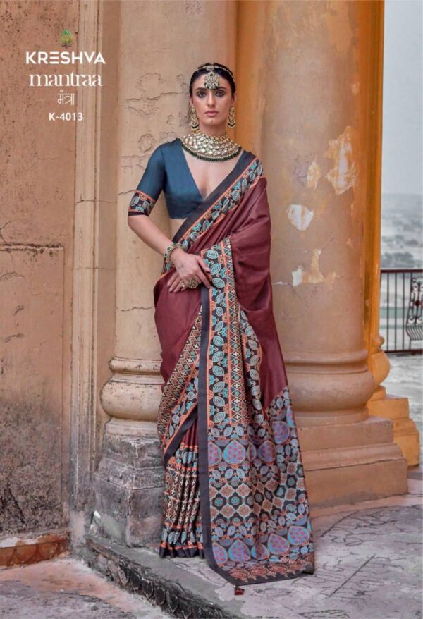 Kreshva Mantraa Pv Silk Ajarakh Printed Saree Wholesale Catalog Collection Exporter