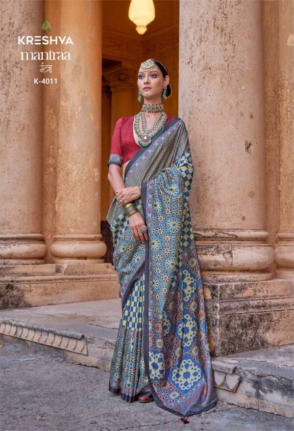 Kreshva Mantraa Pv Silk Ajarakh Printed Saree Wholesale Catalog Collection Exporter - Image 4