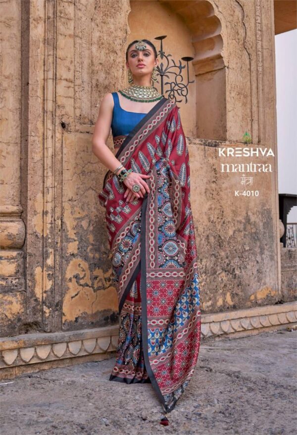 Kreshva Mantraa Pv Silk Ajarakh Printed Saree Wholesale Catalog Collection Exporter - Image 6