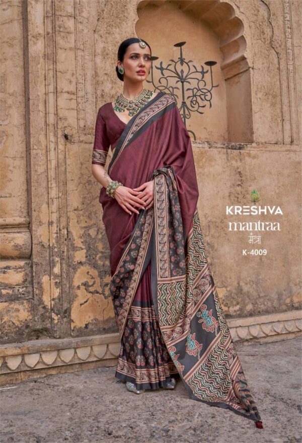 Kreshva Mantraa Pv Silk Ajarakh Printed Saree Wholesale Catalog Collection Exporter - Image 7