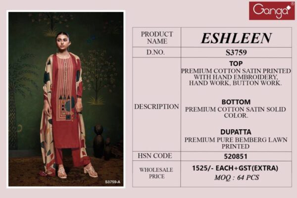 Ganga Eshleen Cotton Satin Printed Salwar Kameez Wholesale Catalog Collection Exporter - Image 7