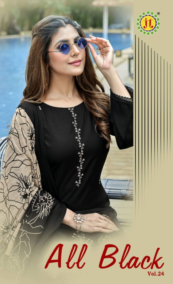 Jt All Black Vol 24 Rayon Embroidered Dress Material Wholesale Catalog Collection Supplier