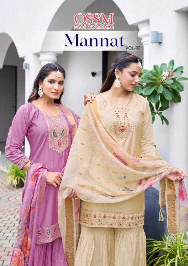 Ossm Mannat Sharara Vol 2 Viscose Roman Silk Readymade Wholesale Catalog Collection Supplier