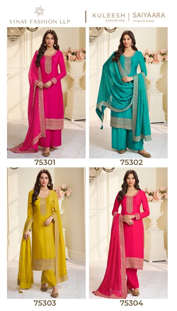 Vinay Kuleesh Saiyaara Muga Silk Embroidered Suit Wholesale Catalog Collection Exporter - Image 6